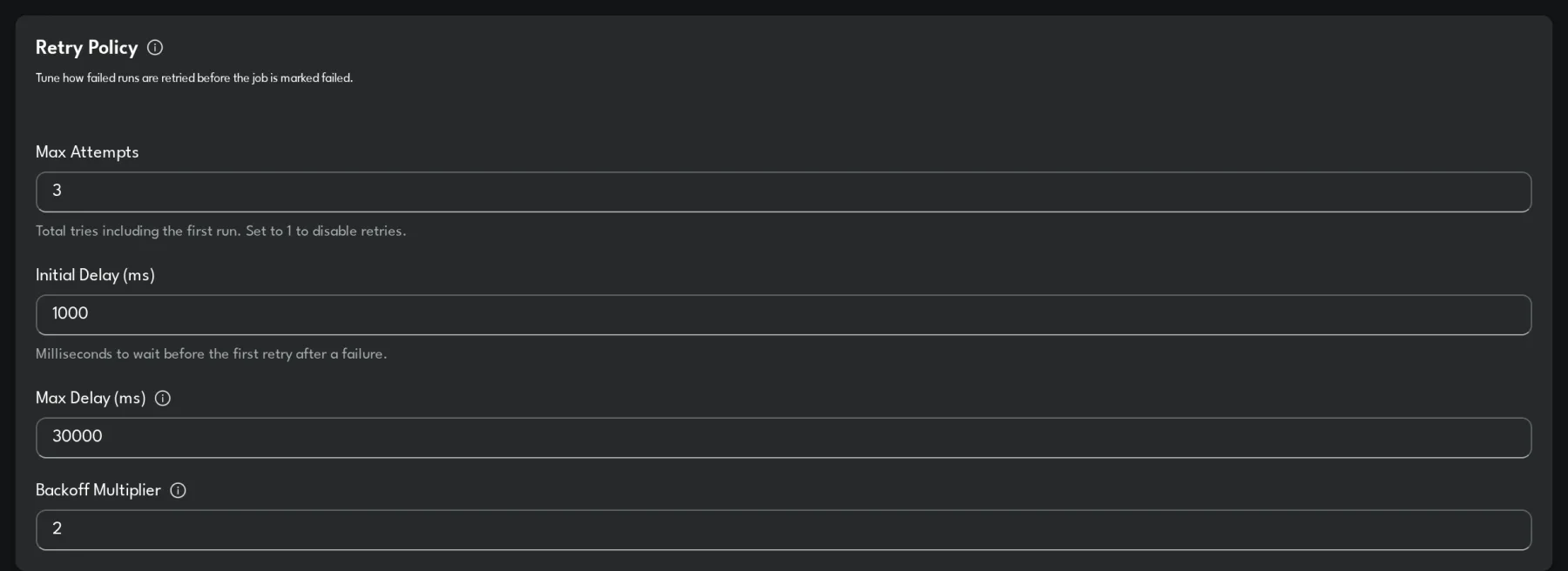 Boson retry policy form with max attempts, backoff, base delay and max delay fields