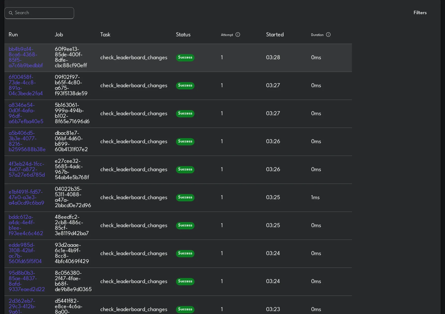 Boson runs table with status, attempt and duration columns