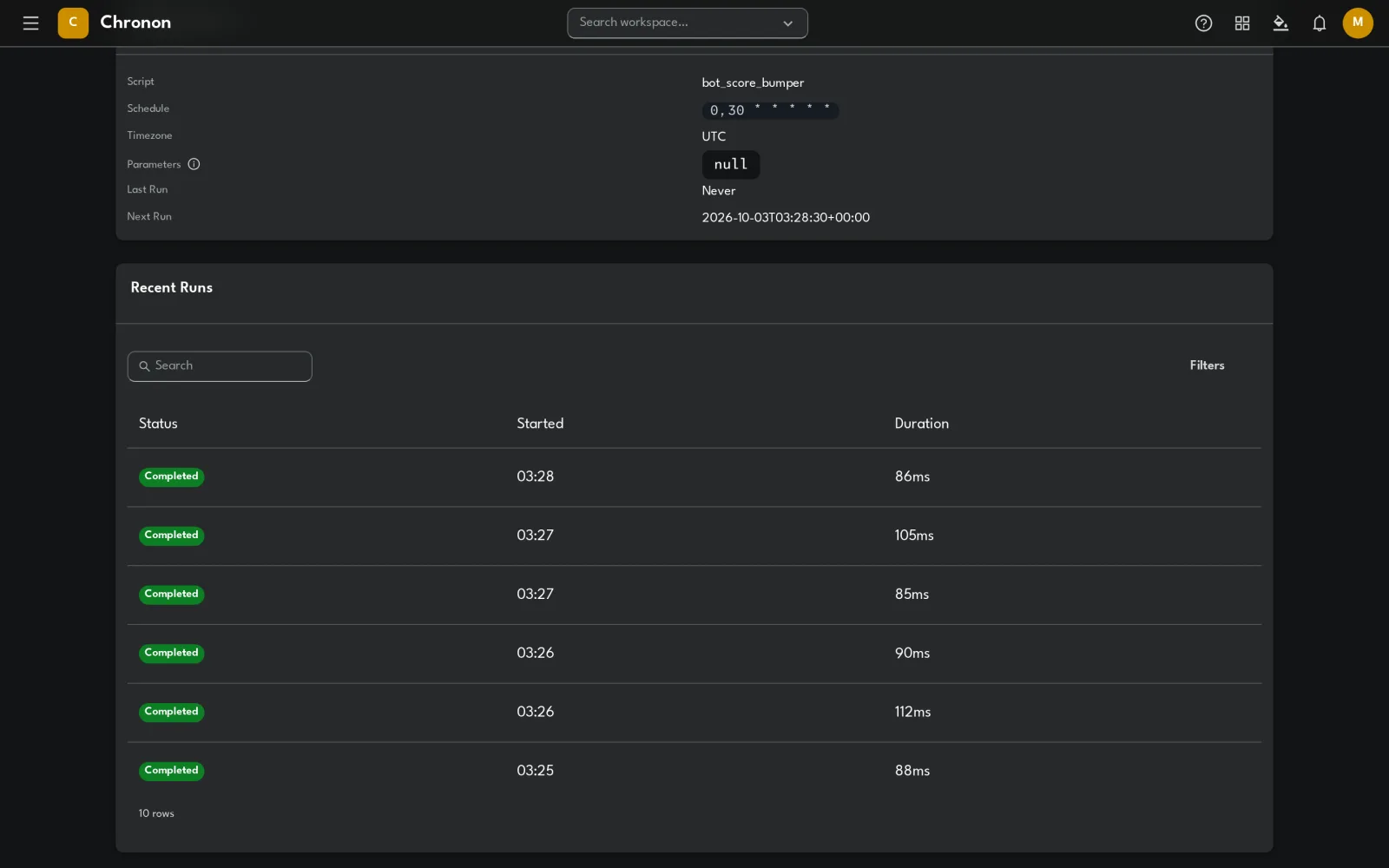 Chronon job detail page with the run history highlighted