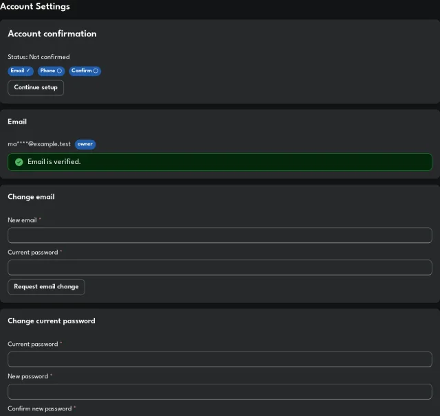 Lepton account settings with email verification and password change
