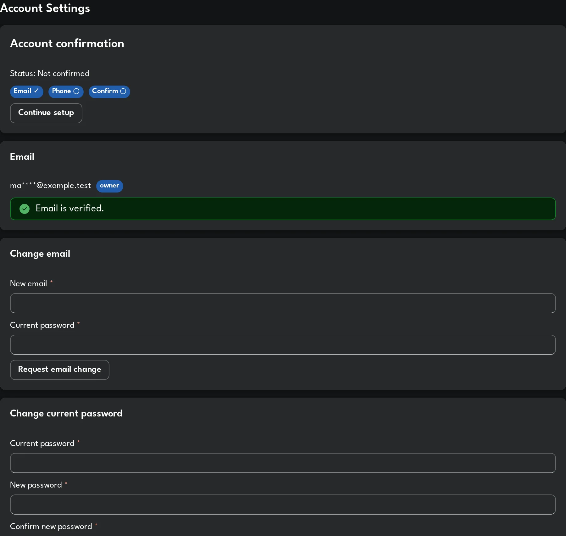 Lepton account settings with email verification and password change