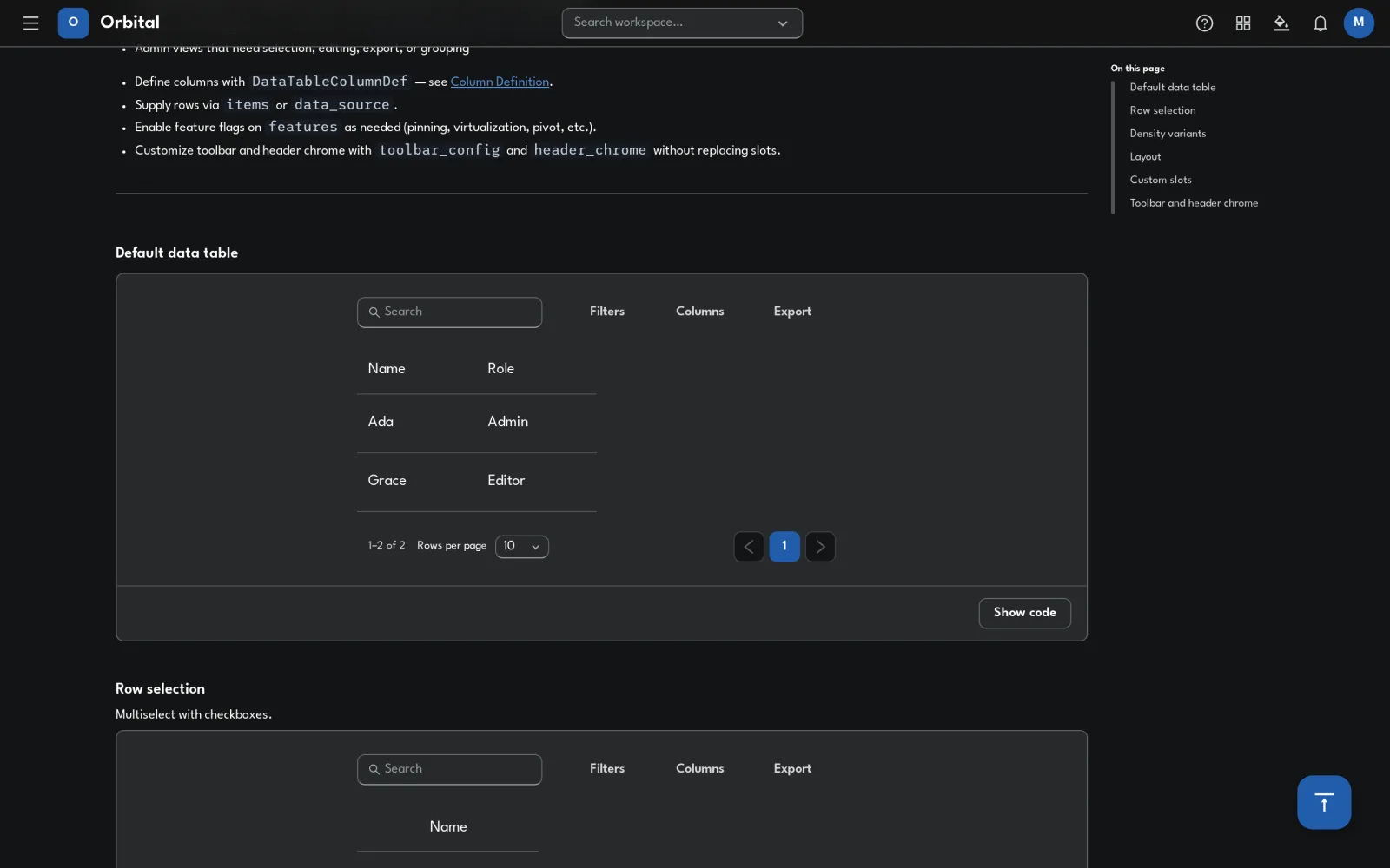 Orbital data table docs page with the default table preview highlighted
