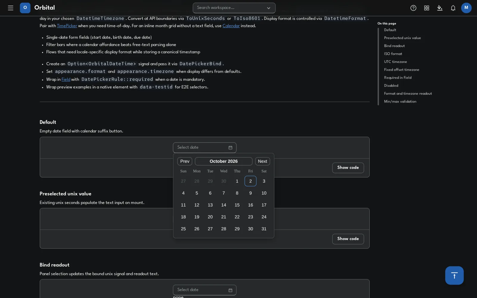 Orbital date picker docs page with the open calendar panel highlighted