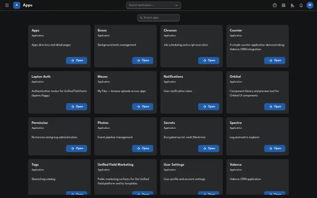 Apps launcher listing Valence, Boson, Chronon, Photon, Spectra and other admin apps