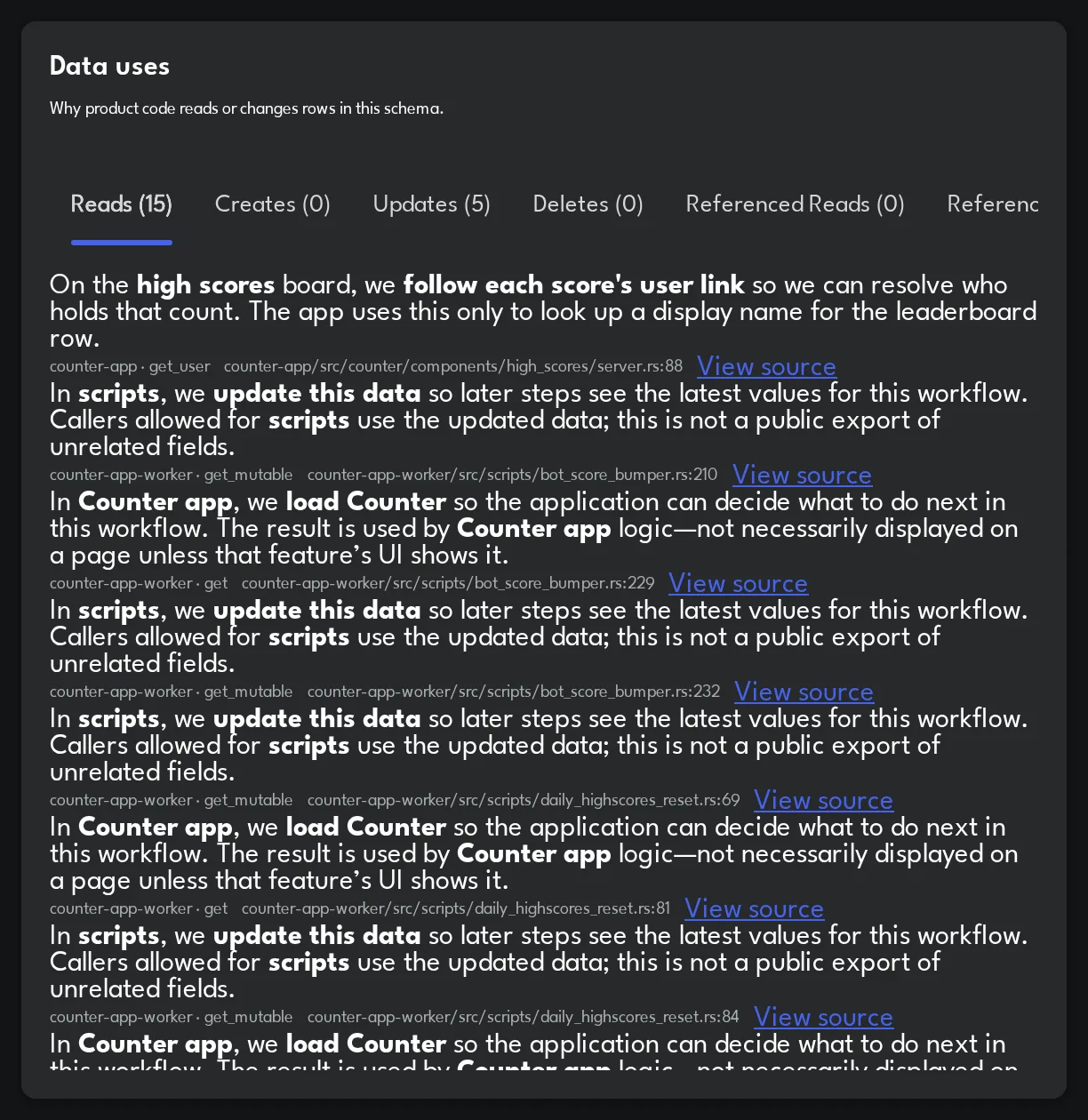 Valence Data uses card listing declared purposes per operation with a View source link