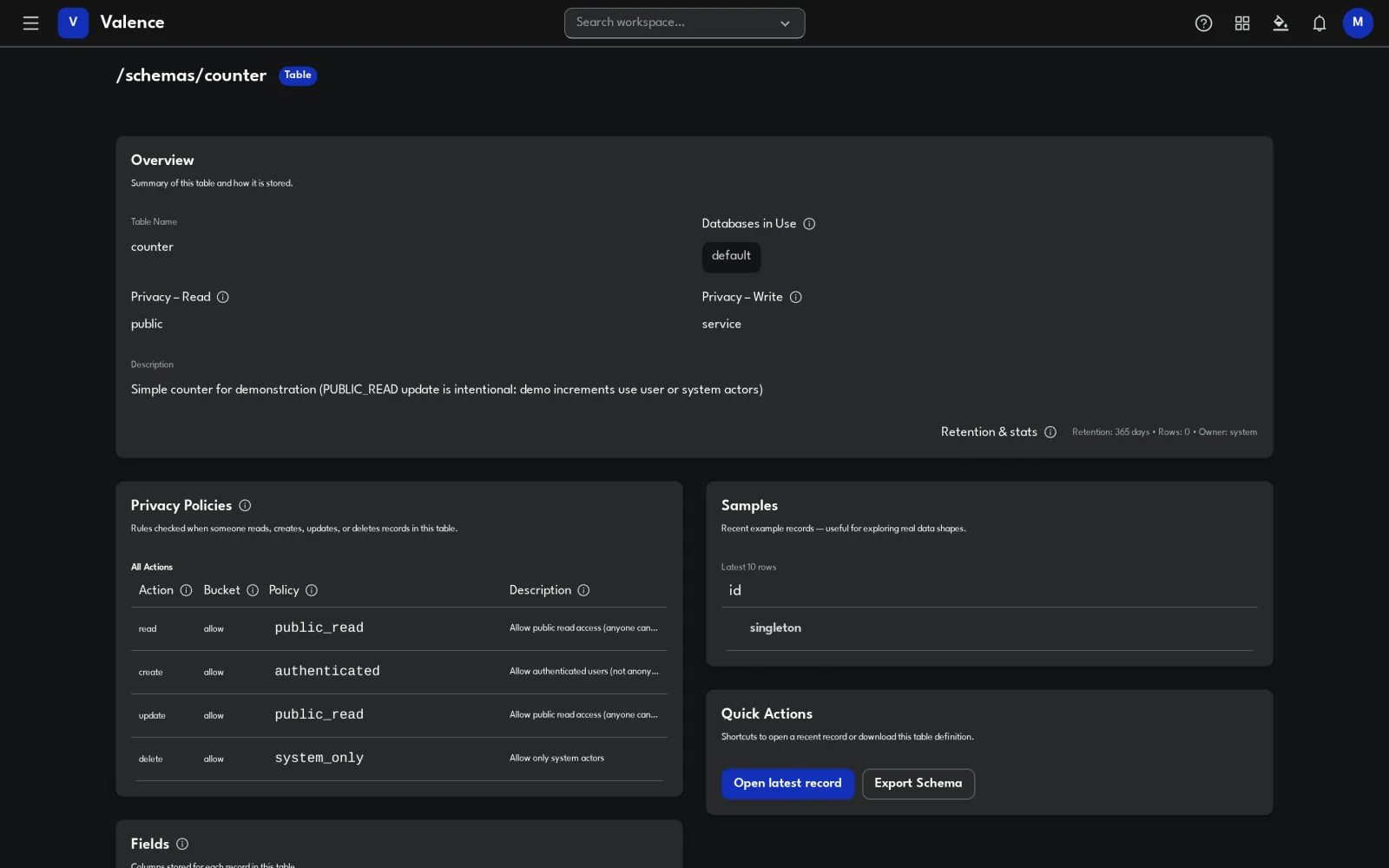 Valence schema page for the counter schema with the Privacy policies card highlighted