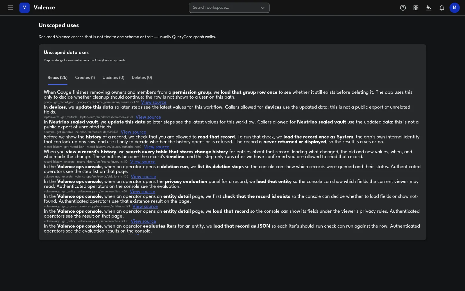 Valence unscoped uses page listing calls without a declared purpose